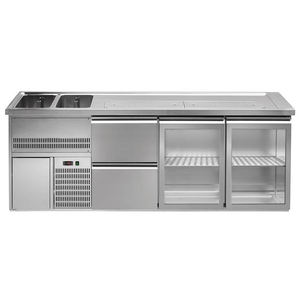 Dozator de bere profesional cu răcire integrată 2,5 x 0,7 m - cu 2 uşi din sticlă şi 2 sertare 1/2 + 1/2