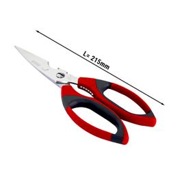 Foarfecă universală de bucătărie - 249 / 110 mm - 3 funcții - roșu - cu lame zimțate - din oțel inoxidabil