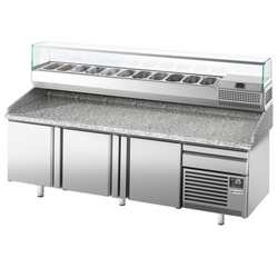 Tavolo refrigerato per pizza Premium PLUS - 2305x800mm - con 3 ante - incl. vetrina refrigerata - 11x GN 1/4