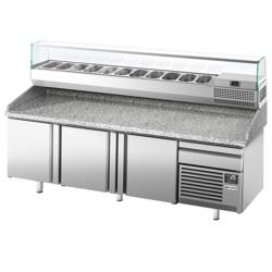 Pizzawerkbank PREMIUM PLUS - 2305x800mm - met granieten werkblad - met 3 deuren & 1 laden - incl. glasvitrine - 11x GN 1/4