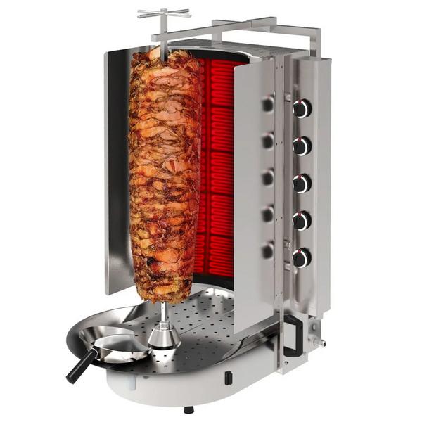 Gáz Gyros sütő - ROBAX® üveggel - 10 égő - 20 kW - max. 90 kg - Asztali kivitel - tartozékokkal: spieß, klammer, fleischteller, auffangschale, dönerschaufel, flügeltüren