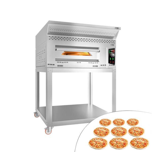 Gasdriven pizzaugn - med chamottesten - 1480x1400 mm - 9 x Ø 34 cm - 1‑däck - upp till 450 °C - Manuell - inkl. huv, underrede & hjul