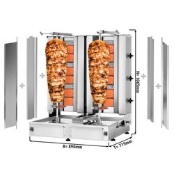Gáz Gyros sütő - 3+3 égő - 19,5 kW - max. 80 kg - Asztali kivitel - tartozékokkal: 2 védőlemez, 2 összecsukható ajtó, zsírfogó tálca