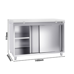 Tavolo armadiato in acciaio inox PREMIUM - 1400x600 mm - con anta scorrevole senza alzatina, inclusa tagliere	