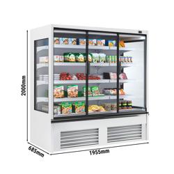Commercial wall-mounted refrigerated display shelving - 1875 mm - 683 litres - with 3 double-glazed hinged doors and 4 shelves