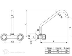 Duvar Tipi Çift Delikli Batarya 1000 - Duvara Monte - Musluklu - Çift Su Girişli - 300mm şarnlı ağız ile - 1/2" su girişi & krom kaplama gövde - 150x50x250mm
