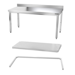 Arbetsbord i rostfritt stål PREMIUM - 1,8 m - med mellanhylla, stag & bakkant