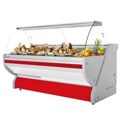 Koeltoonbank Tuva - 2515x1150mm - 500 liter - kleur rood - achterzijde 3 schuifdeuren - gebogen ruit - granit werkblad