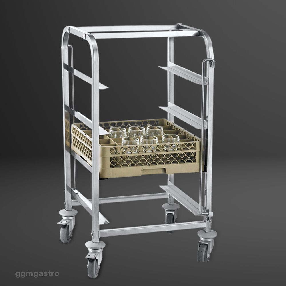Chariot de transport pour paniers à vaisselle en acier inoxydable - 550x505mm - avec 4 surfaces de rangement en acier inoxydable - avec poignée