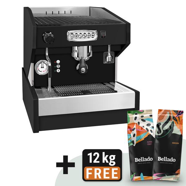 Commercial 1-Group Espresso Machine - Pre-Infusion, Plumbed-In, 2 kW, 220-240V - Black/Silver, Includes 6kg coffee