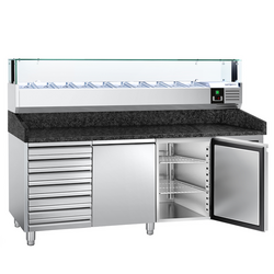 Rashladni pult za pripremu pizze PREMIUM - 2000x800 mm - sa 2 vrata & 7 ladica - uklj. Rashladna nadograđena vitrina LED - 10x GN 1/4
