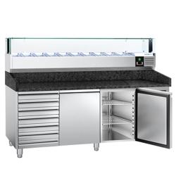 Pizzawerkbank PREMIUM - 2025x800mm - met granieten werkblad - met 2 deuren & 7 laden - incl. glasvitrine LED - 10x GN 1/4