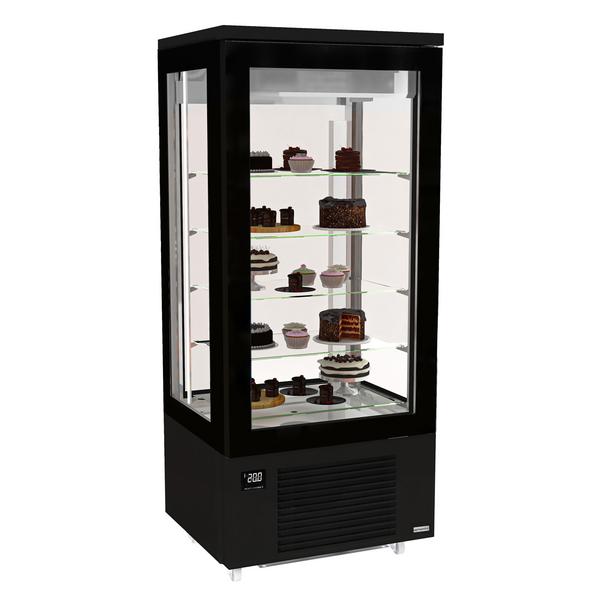 Vetrina Refrigerata Verticale 4 Lati Vetro – Panoramica Professionale - per pasticceria - 400l - 800mm - 1 porta a battente in vetro - vetro dritto - con 4 ripiani - 4 lati vetro; LED interni - Nero