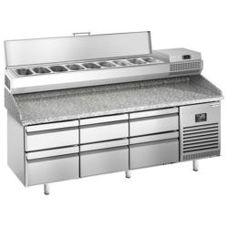 Pizzawerkbank PREMIUM PLUS - 1980x700mm - met granieten werkblad - met 6 laden - incl. opzetkoelvitrine - 9x GN 1/4