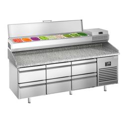 Pizzawerkbank PREMIUM PLUS - 1980x700mm - met granieten werkblad - met 6 laden - incl. opzetkoelvitrine - 9x GN 1/4