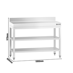 Edelstahl Arbeitstisch PREMIUM - 1000x600mm - mit Grundboden, Aufkantung & Zwischenboden