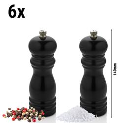 (12 pieces) Wooden Salt & Pepper Mill Set – 6 Pepper + 6 Salt - Black - 14 cm - Carbon Steel