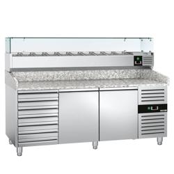 Stół chłodniczy do pizzy ECO - 2025x800mm - z blatem granitowym - 2‑drzwiowy, 7 szuflad - z nadstawką chłodniczą z osłoną szklaną - 9x GN 1/3