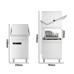 Lavastoviglie a passaggio / a capote - Digitale - 7,1 kW - incl. tavolo di alimentazione a destra, tavolo di uscita a sinistra e decalcificatore - con pompa per detersivo e pompa brillantante