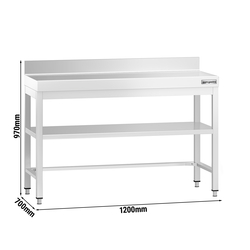 Rustfrit stål arbejdsbord PREMIUM - 1,2 m - med underhylde, bagkant & afstivning