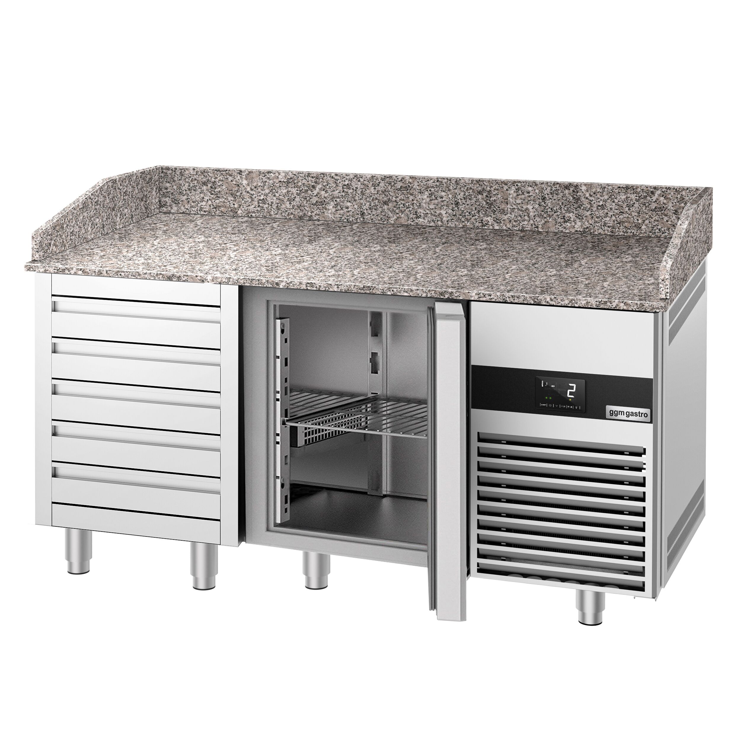 Table réfrigérée pour pizza PREMIUM - 1550 x 800 mm - avec 1 porte & 5 tiroirs