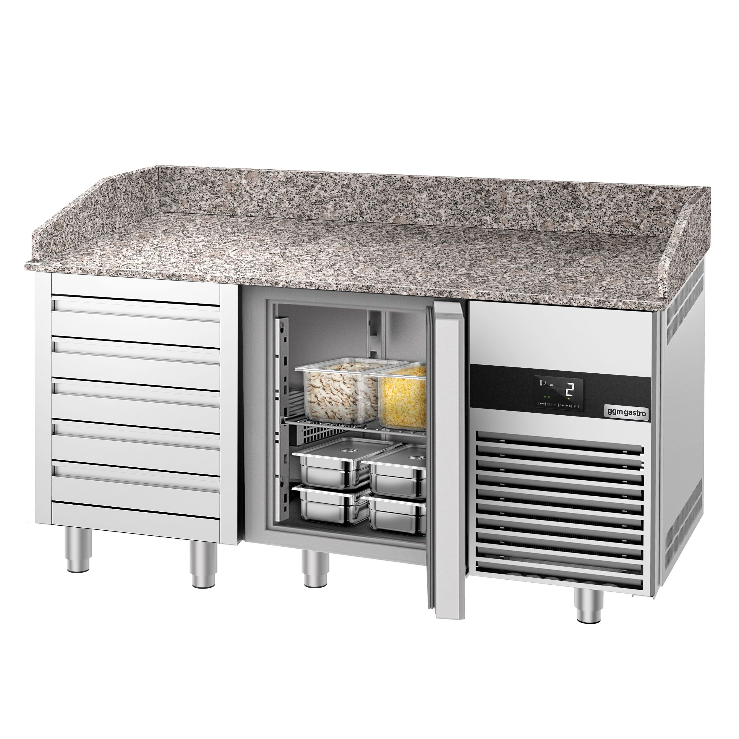 Table réfrigérée pour pizza PREMIUM - 1550 x 800 mm - avec 1 porte & 5 tiroirs