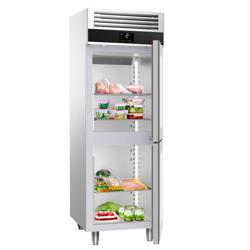 Koelkast RVS PREMIUM - GN 1/1 - GN 2/1 - 700mm - 700liter - tot +8°C - met 2 glasdeuren - geforceerde koeling, LED‑verlichting & automatische ontdooiing