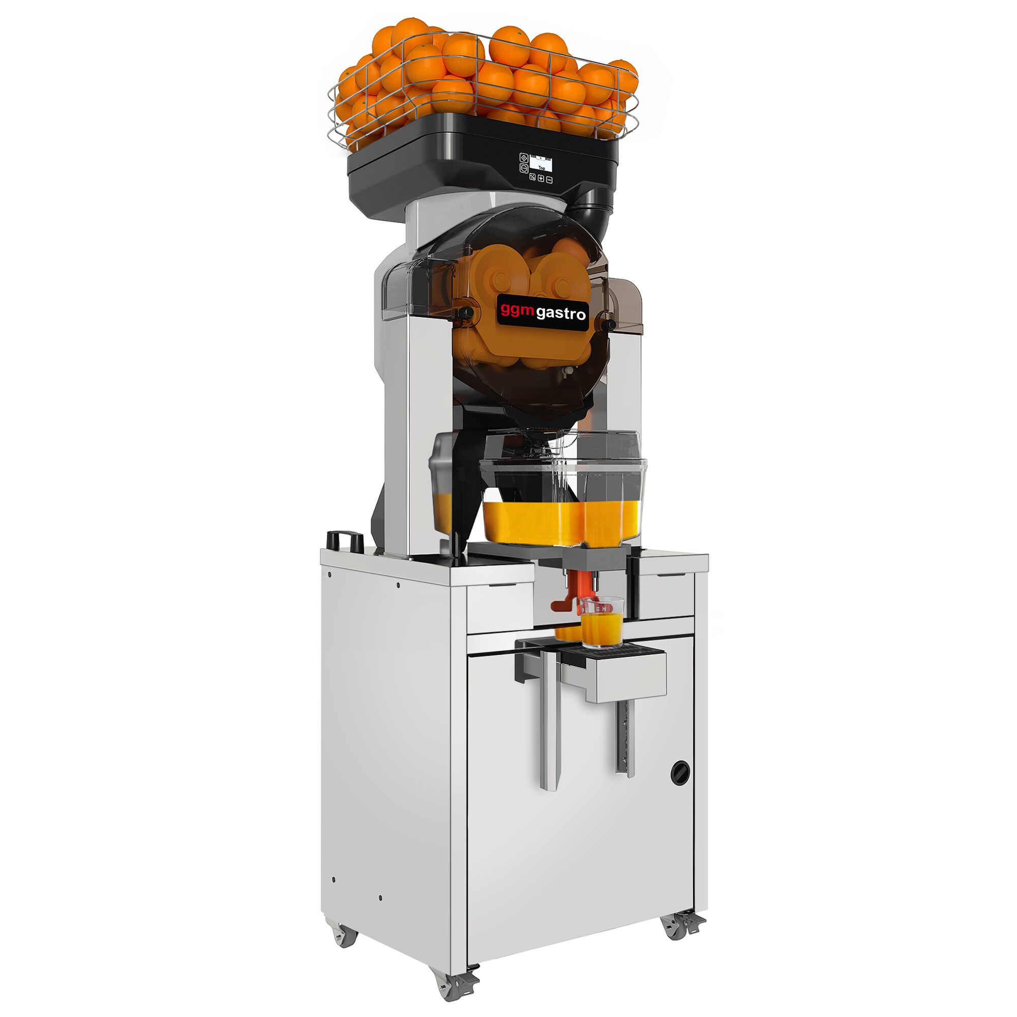 Espremedor elétrico de laranja - prata - com tanque de suco (com refrigeração), modo de limpeza e moldura