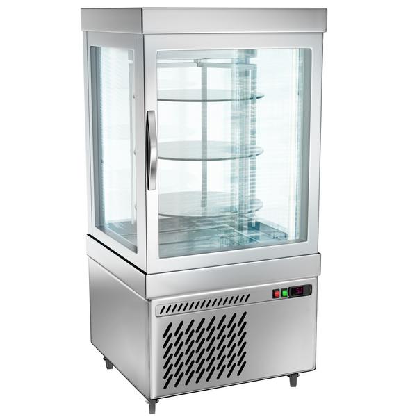 Vitrine réfrigérée 4 faces vitrées / Vitrine panoramique – 230 litres – 670 mm – 3 étagères rotatives – Argent