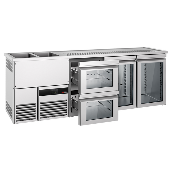 Barowy stół chłodniczy PREMIUM - 2500x700 mm - 2 szklane drzwi & 2 szklane szuflady