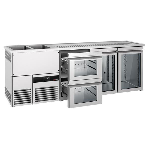 Výčepní pult PREMIUM - 2500x700 mm - 2 skleněné dveře & 2 skleněné zásuvky - pro 2× 50 l sudy