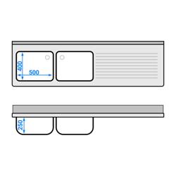 Commercial Dishwasher Sink Unit PREMIUM - 2000x600mm - Double Sink - Right Hand Drainer