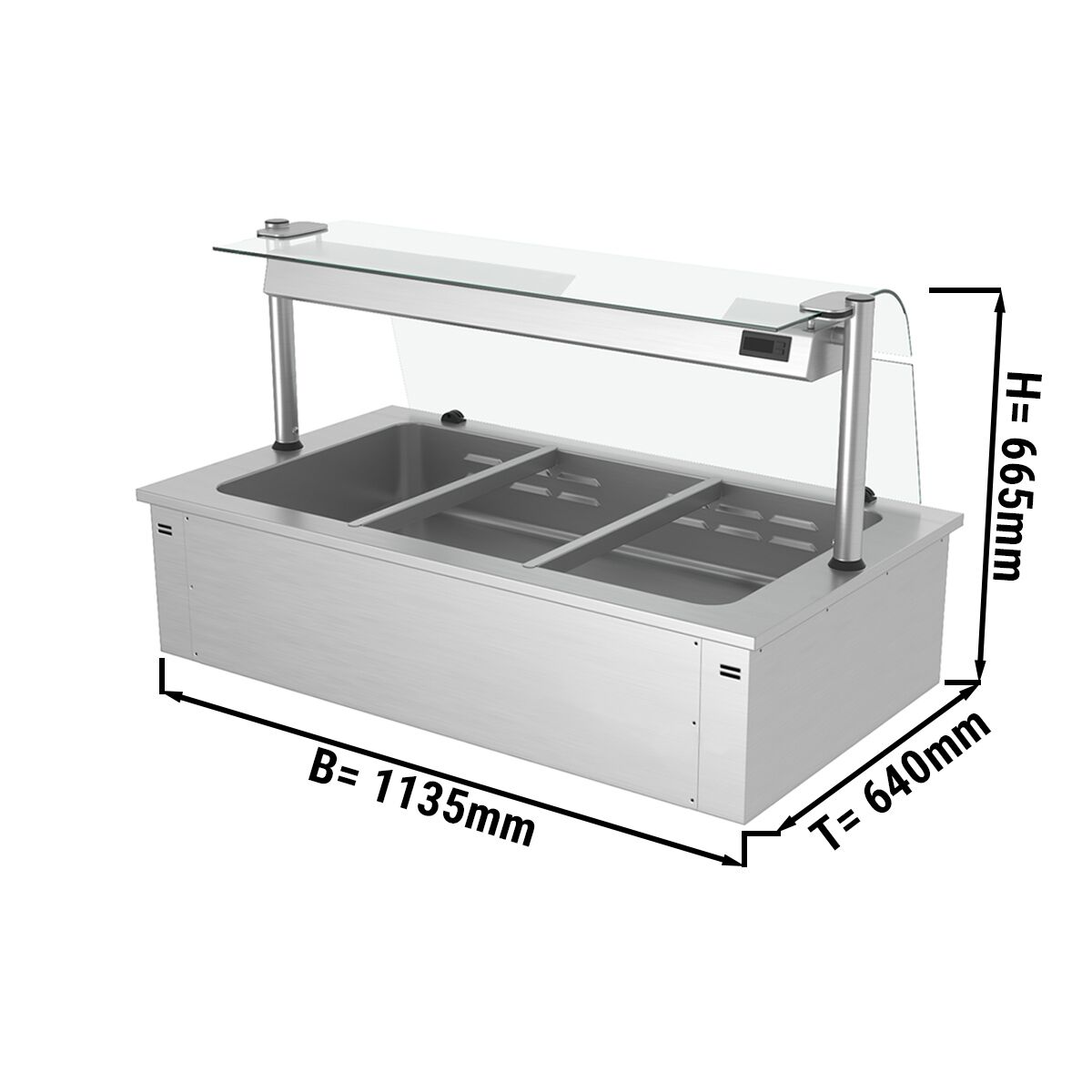 Bain-marie encastrable - 1,1 m - 3x GN 1/1 - avec pare-haleine en verre