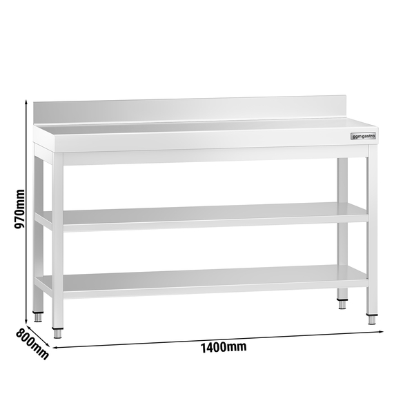 Edelstahl Arbeitstisch PREMIUM - 1400x800mm - mit Grundboden, Aufkantung & Zwischenboden