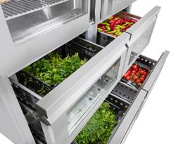 Armario frigorífico de acero inoxidable PREMIUM - GN 2/1 - 1400L - con 2 puertas de cristal y 4 cajones - ventilado; R290; desescarche automático; monobloque; cerradura con llave; AISI 430; Panel frontal en azul