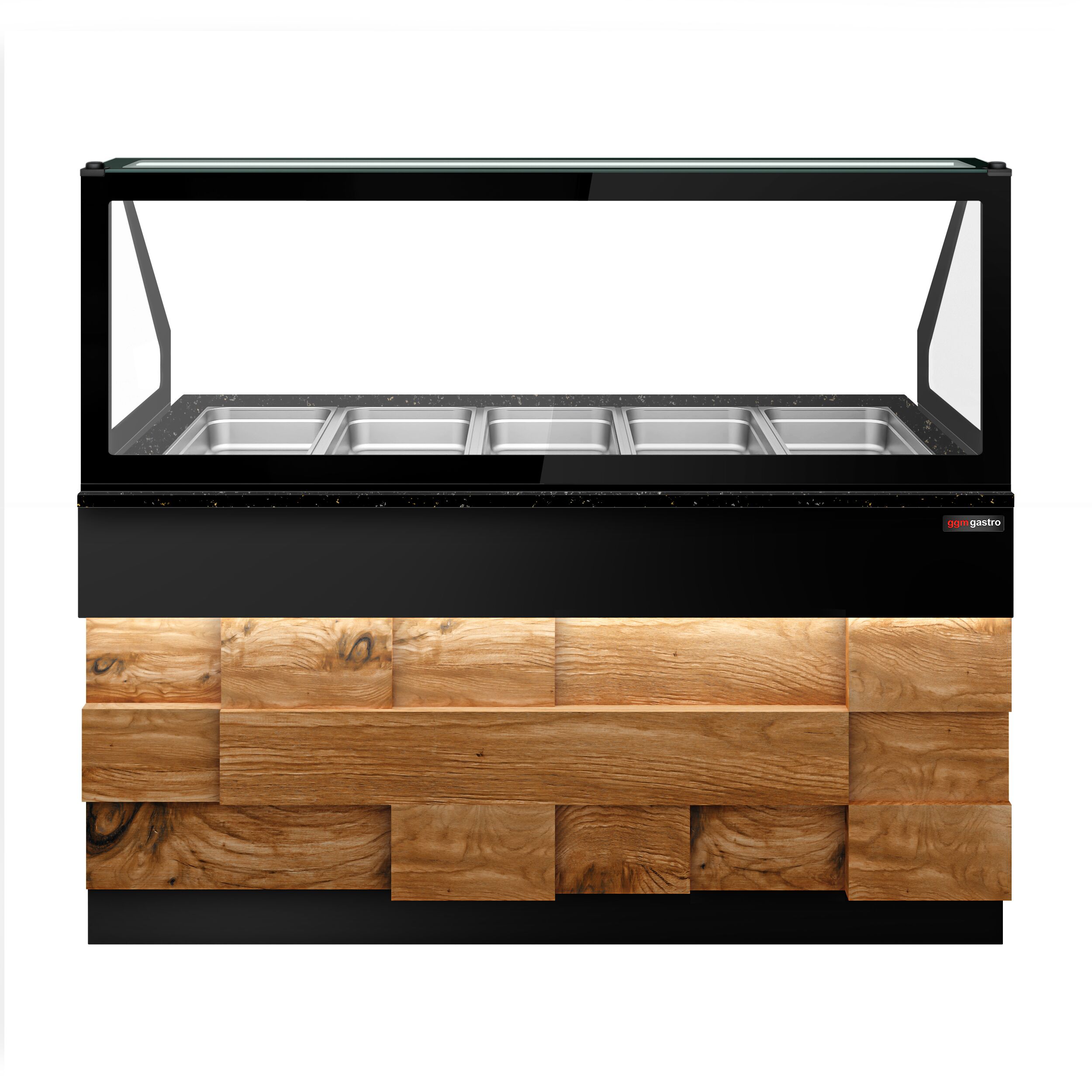 Vitrine chauffante TORONTO – 1800 mm – façade en bois – pour 5 × GN 1/1 – plan de travail en granit noir