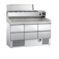 Pizza cooling table ECO - 1400x700mm - with 6 drawers 1/2 - incl. refrigerated top display case  with GN 1/4