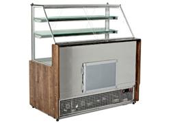 Comptoir vitrine réfrigérée Service Line - 1000x880mm - +0/+8°C - Vitrine de comptoir, 2 étagères - Plan de travail en granit - Façade bois