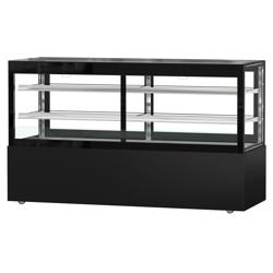 Witryna chłodnicza panoramiczna cukiernicza MADRID samoobsługowa - 710L - 2000mm - podwójne przeszklenie - prostokątna - z 2 półkami - z oświetleniem LED - z kurtyną nocną - Czarny mat