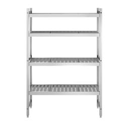 Hyllsystem i aluminium med polypropenhyllor – grundsektion – 1066x1685 mm – Djup: 360 mm – 4 hyllplan – anodiserad – Lastkapacitet: 450 kg