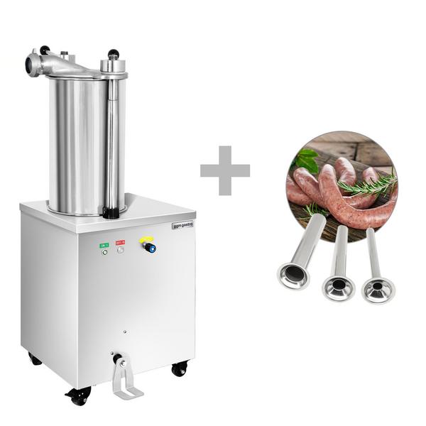 Poussoir à saucisses PROFESSIONNEL hydraulique vertical - 20L - 1,5kW - Acier inoxydable - incl. Pédale & 3 entonnoirs à saucisse