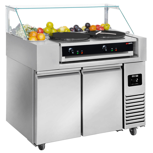 Voorbereidingstafel - 1210mm - 2 deuren - voor 9x GN 1/6 bakken - incl. crêpe maker met 2 platen