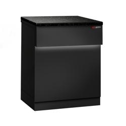 Kassa-sectie TORONTO & met LED-verlichting buiten, 1 legbord - 600x880x900mm - zwart front - granieten werkblad zwart - RVS