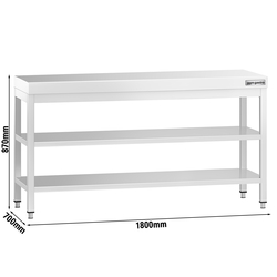Rustfrit stål arbejdsbord PREMIUM - 1,8 m - med underhylde & mellemhylde