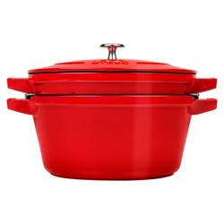 (2 pieces) STAUB | Stackable Cast Iron Cocotte & Pan Set – Ø 24 cm - Cherry Red - Enamelled