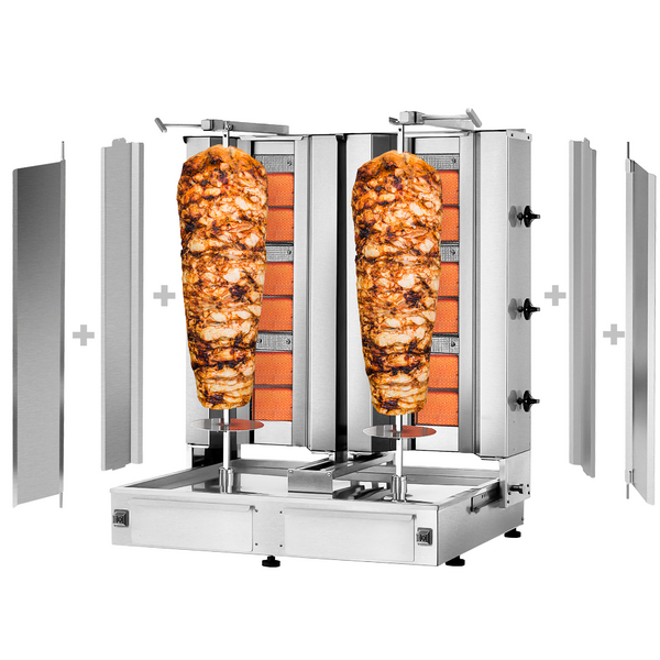 Plinski gyros-/ doner roštilj - 3+3 plamenika - Maks. 80 kg - Uklj. 2 zaštitne ploče & 2 krilna vrata