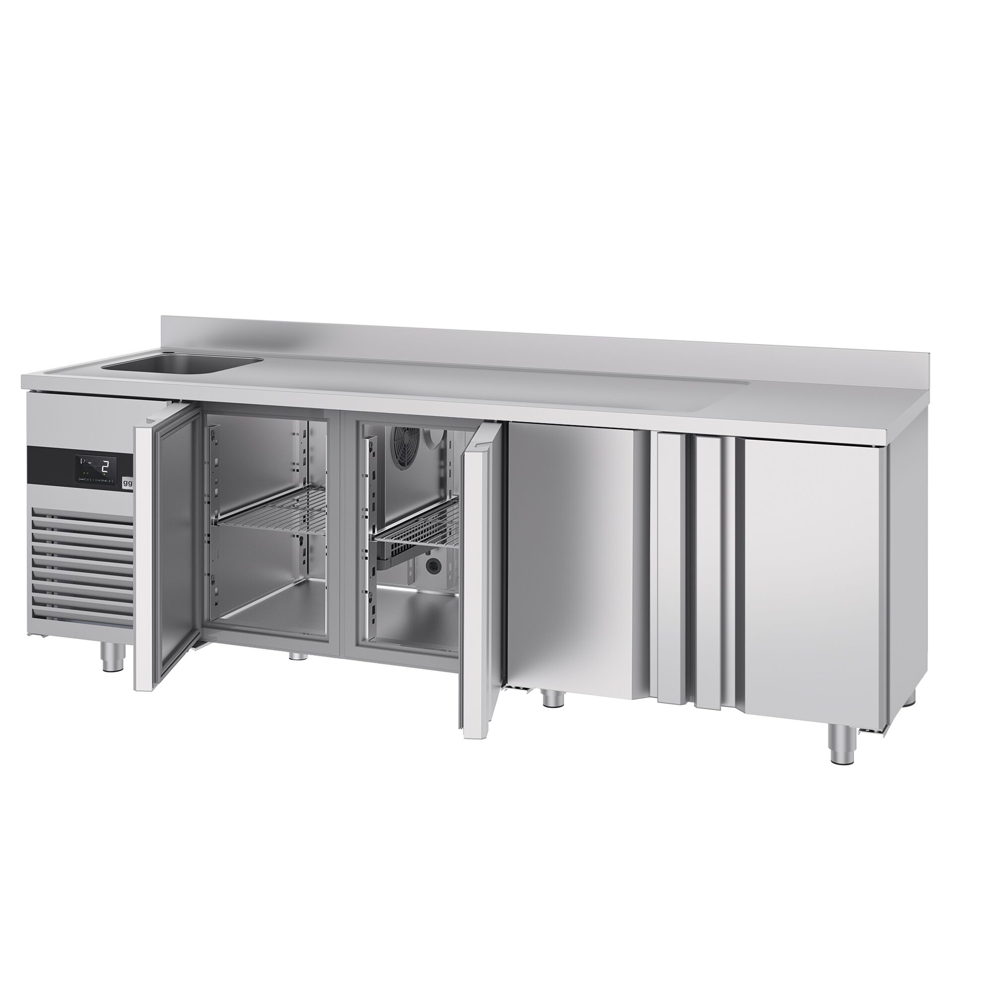 Table réfrigérée PREMIUM - 2360x700 mm - avec 4 portes, 1 bac à gauche - avec dosseret