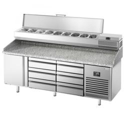 Mesa pizzera refrigerada PREMIUM PLUS - 1980x700mm - encimera de granito - con 1 puertas ciegas y 6 cajones - incl. vitrina refrigerada superior - 9x GN 1/4