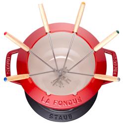 STAUB | Cast Iron Fondue Set – Ø 20 cm - Cherry Red - 6 Forks, Burner, Board