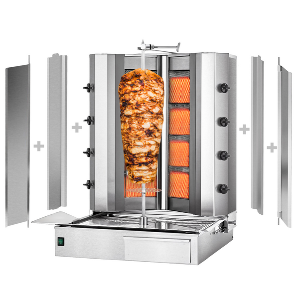 Plinski gyros-/ doner roštilj - V-oblik - 4+4 plamenika - Maks. 100 kg - Uklj. 2 zaštitne ploče & 2 krilna vrata